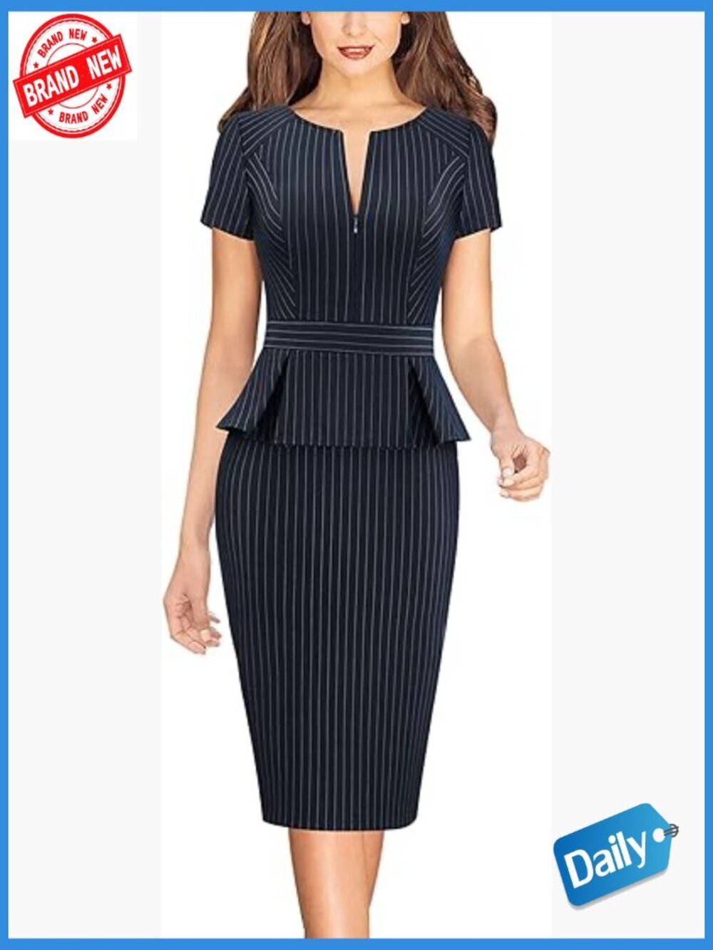 Women's Work Bodycon Pencil Dress Front Zipper Peplum Short Sleeve Knee Length